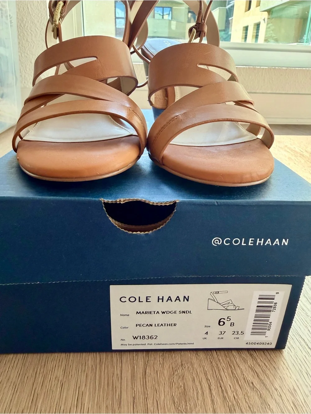Cole Haan Tan Strappy Wedge Sandals with Slingback Buckle